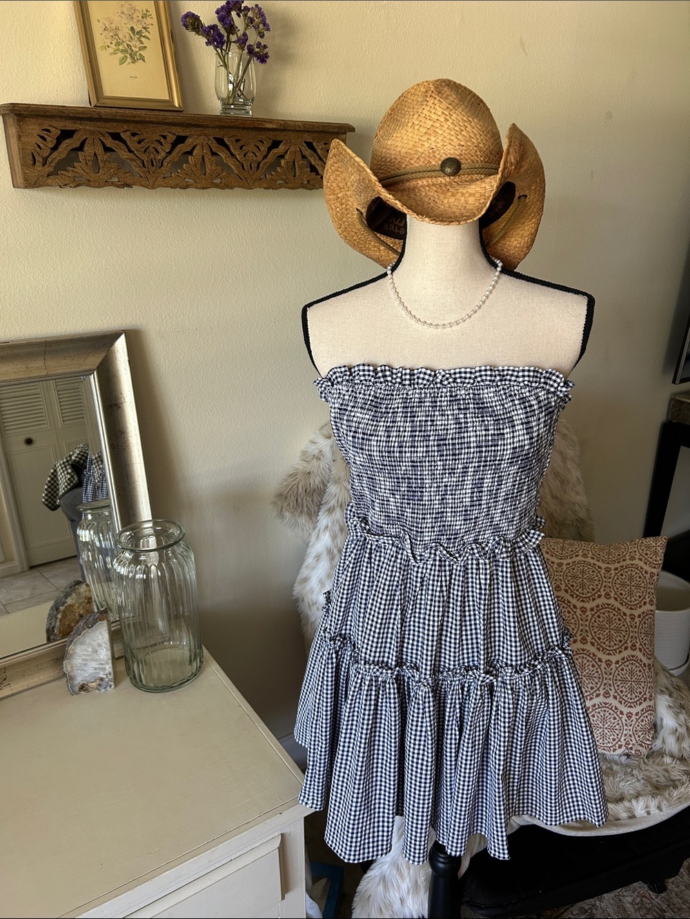 Altar’d state navy white gingham ruffle strapless western mini dress M